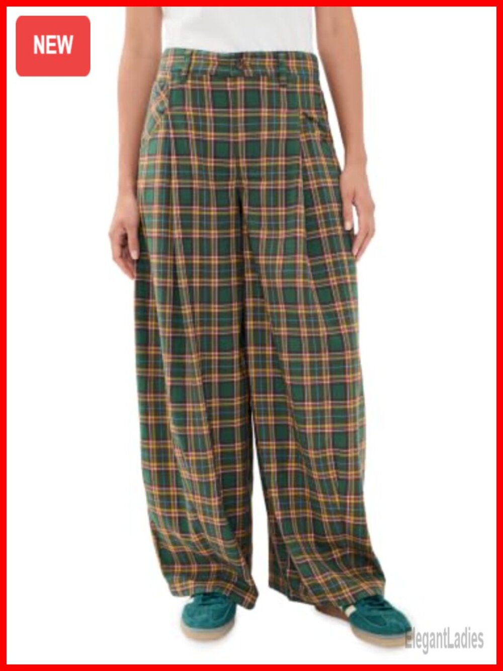 Women's Wide Leg High Rise Pleated Twill Tartan Trousers
